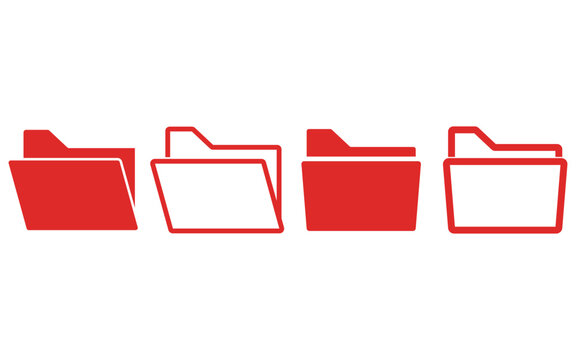 Set of four red folder icons for digital file management and data organization showcasing clean flat style symbols for modern user interface platforms.