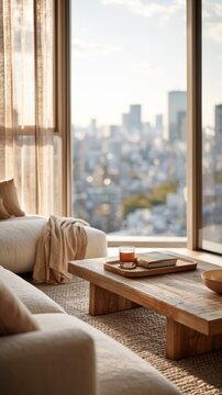 Low wooden table with drink and book by window city view