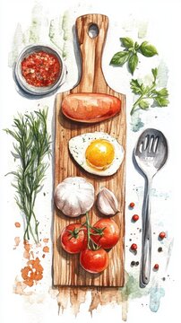 Rustic breakfast preparation with fresh ingredients and wooden cutting board. National Cookbook Month