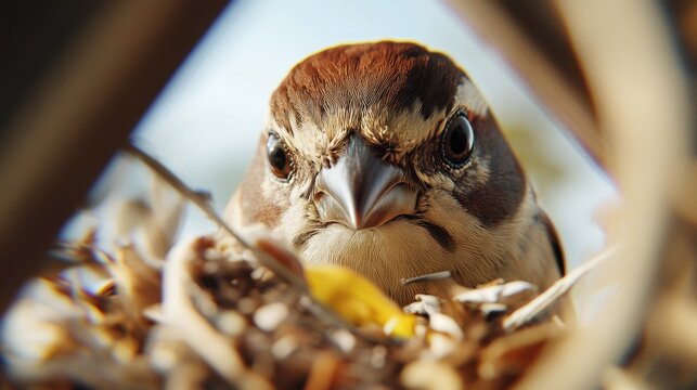 Close-up of a sparrow in nest among twigs and yellow leaves