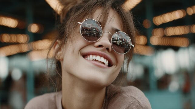 Smiling young caucasian female with sunglasses in festive lights