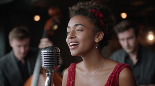 Young african female singer performing jazz with musicians in background