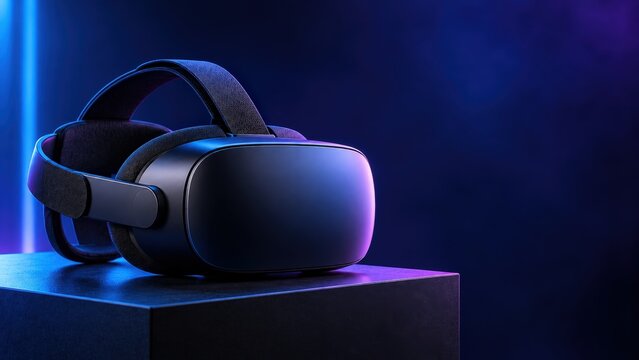 Virtual Reality Headset on Dark Pedestal with Vibrant Blue and Purple Neon Light.