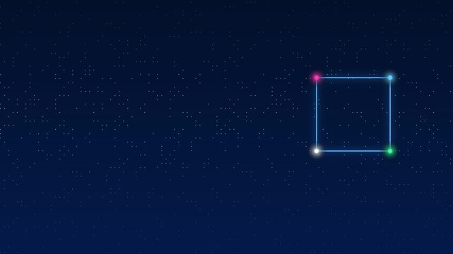 Glowing neon square shape connected by colorful glowing dots floating against starry night sky background video clip