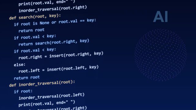 Python programming code scrolling on dark computer screen with artificial intelligence graphic motion footage