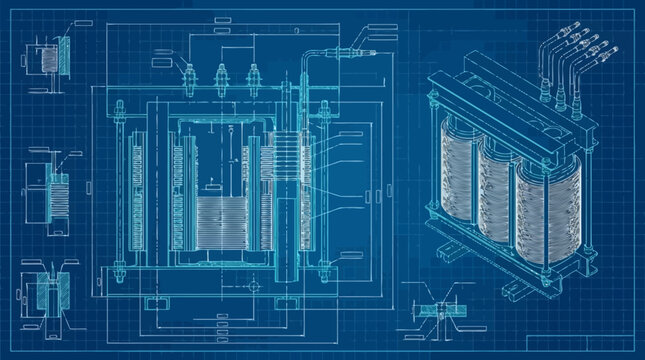 Technical blueprint illustration of a three phase electrical transformer core and coil assembly.