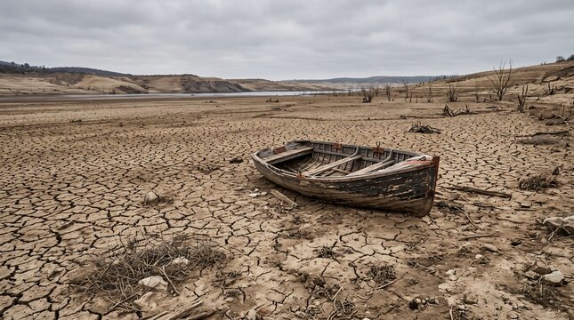 Wooden boat stranded on a dry cracked mud lakebed during a severe drought