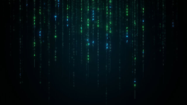 Digital matrix code rain with glowing green and blue falling characters on dark background