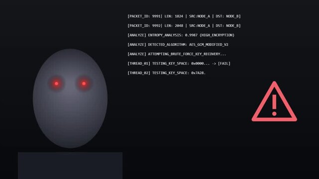 Mysterious glowing eyed robotic entity analyzing network data packets on a dark futuristic hacker computer screen video footage