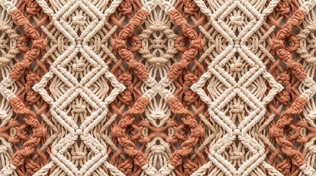 Seamless Handmade Macram&eacute; Knotted Cotton Cord Pattern with Diamond Lattice in Cream and Terracotta