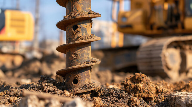Close-up rusty auger drilling into brown earth with