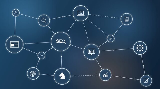 Search engine optimization concept animation featuring digital nodes connecting icons in a blue network workflow video