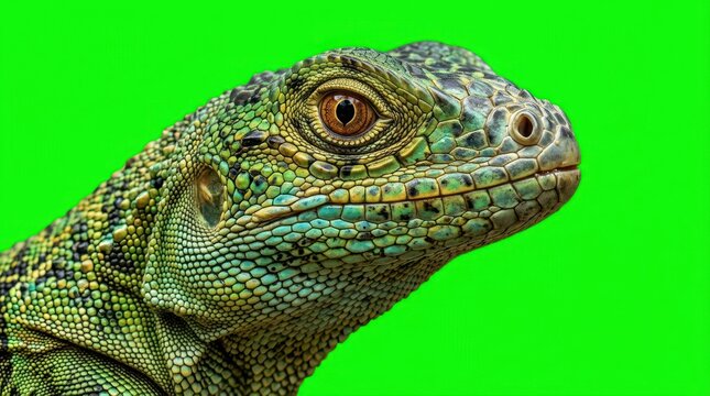 Close-up profile of green lizard on green screen background