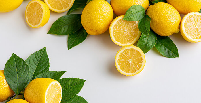 Fresh lemons and leaves arranged on white surface