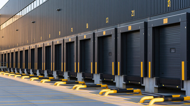Modern warehouse loading docks with numbered bays and