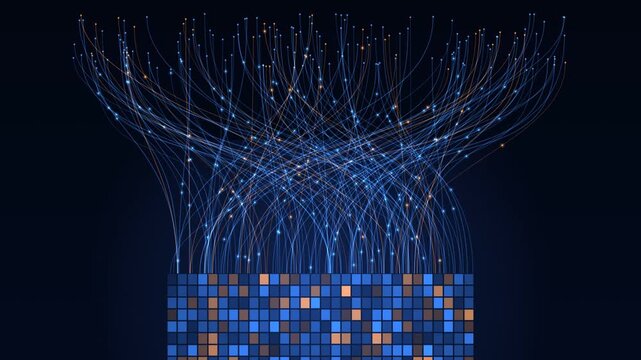 Abstract digital data flow with glowing lines and pixel grid representing cloud computing and network infrastructure animation footage