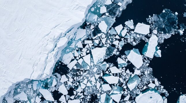 Aerial view of fractured ice floes floating on dark water in Arctic region.