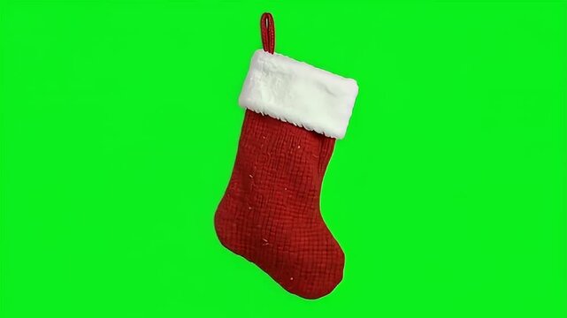 Red Christmas stocking with white fur trim hanging on a bright green screen background for video editing.