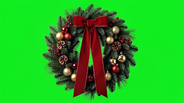 Festive green Christmas wreath with red ribbon and gold ornaments isolated on green screen background.