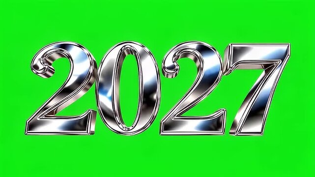 Shiny metallic 3D silver text numbers 2027 floating on a green screen background.