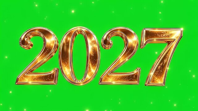 Golden 3D numbers 2027 displayed on a green screen background with sparkling bokeh effects for editing.