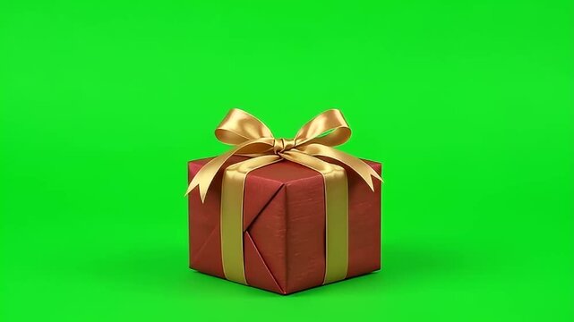 Red gift box with elegant gold ribbon on a bright green screen background for video keying.