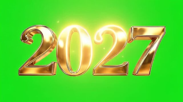 Golden 3D numbers 2027 with a bright glowing effect isolated on a green screen background for motion graphics.