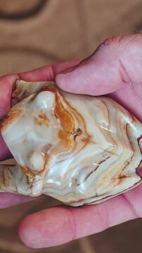 A man holds a piece of marble in the shape of a frog in his hand