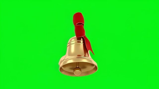Golden Christmas bell with a red ribbon bow hanging on a green screen background for compositing.