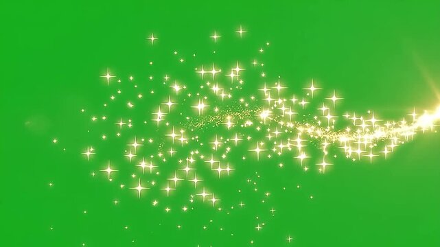 Golden sparkling particles sweeping across a chroma key background for video compositing and magic effects.