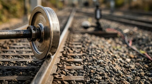 Close-up of a train wheel flange on a weathered railroad track, showcasing industrial detail and journey.
