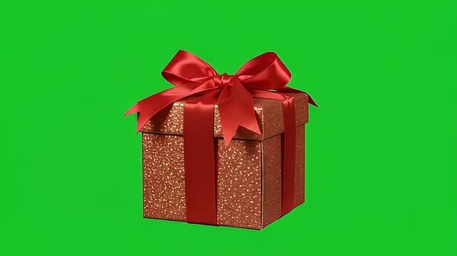 Red glittery gift boxes with satin bows rotating on green screen background for holiday marketing.