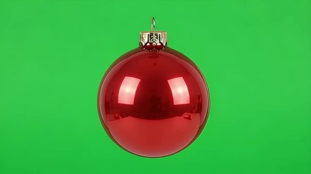 Shiny red Christmas baubles floating and falling against a solid green screen background for compositing.