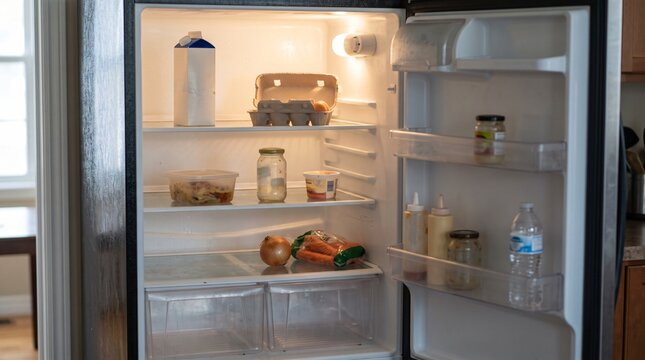 Almost empty refrigerator with scarce food items on shelves and door