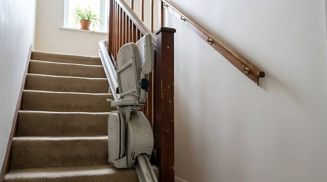 Aging at home technology Stairlift and wooden handrails on a carpeted staircase