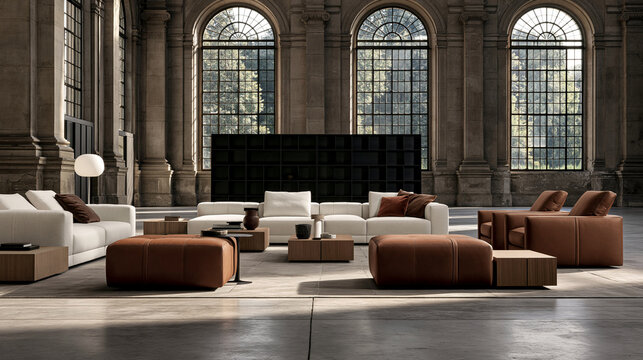 Modern furniture arrangement inside grand stone hall with