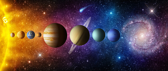 Solar system with the planets, cosmic dust, nebulae, stars, galaxy, Earth and comets arranged in a scientific space panorama.  Elements of this image furnished by NASA. © Tryfonov