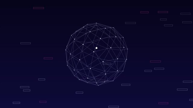 Rotating digital globe wireframe animation with glowing data nodes and floating tech HUD elements in cyber space