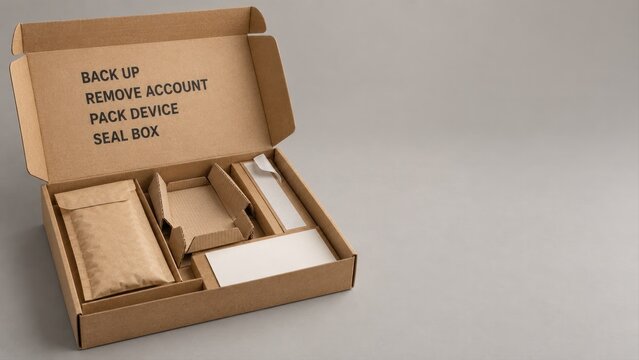Open recyclable electronics return kit box with step by step instructions for mail in trade in program