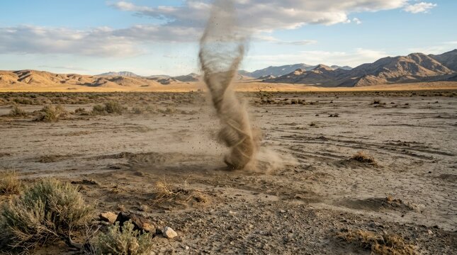 Dust devil swirl in vast dry desert mountain landscape.