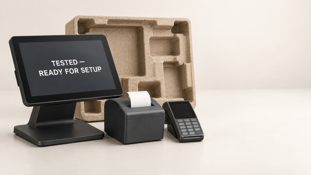 Refurbished POS terminal and equipment set with tested and ready for setup screen on eco friendly packaging background