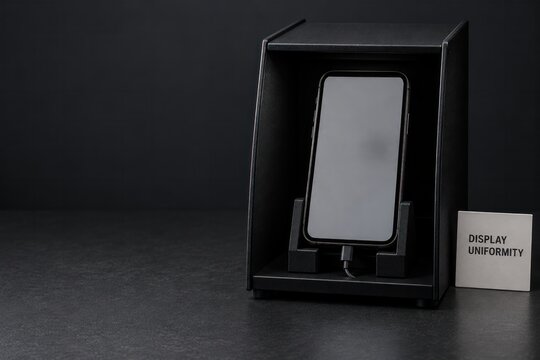 Smartphone in dark testing box for display uniformity and screen burn in diagnostic for refurbished trade in program