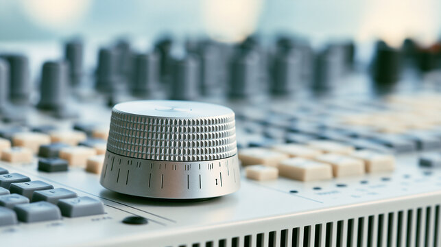 Close-up silver control knob on white mixing console