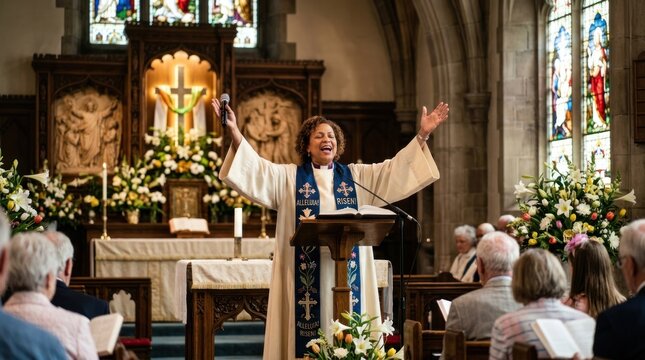 Female priest preaching in a church during Easter service.