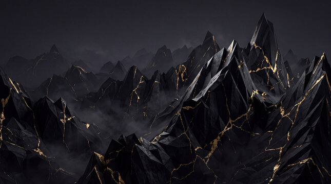Abstract black mountain range with gold veins and mist. Black Friday retail promotion concept. Luxury commerce and seasonal sale campaign. Premium dark gold corporate background