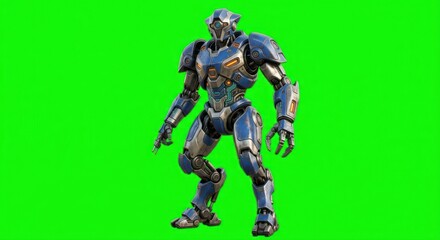 Fototapeta premium Futuristic blue combat robot isolated on green screen.