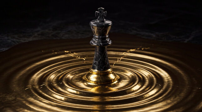 Black chess king standing in rippling gold liquid. Black Friday retail concept and seasonal promotion. Business strategy, leadership and competitive decision making.