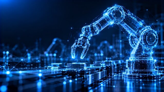 Holographic blue robotic arm operating over a smart factory assembly line with glowing digital grid, illustrating industrial automation, precision production technology