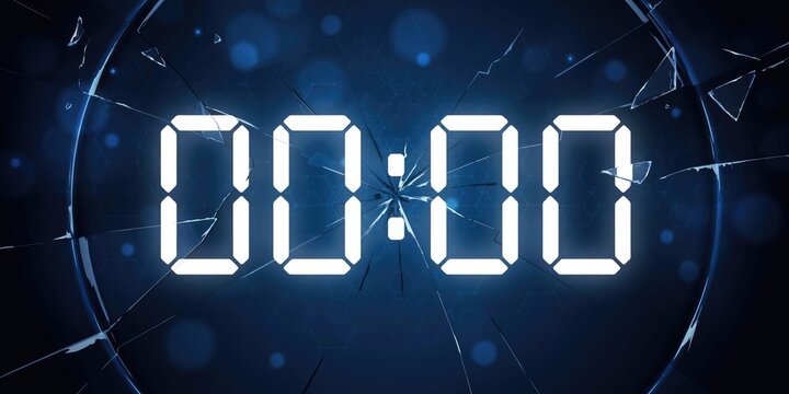 Glowing digital clock display showing 00:00 behind a shattered glass surface with cracks and blue bokeh light effects