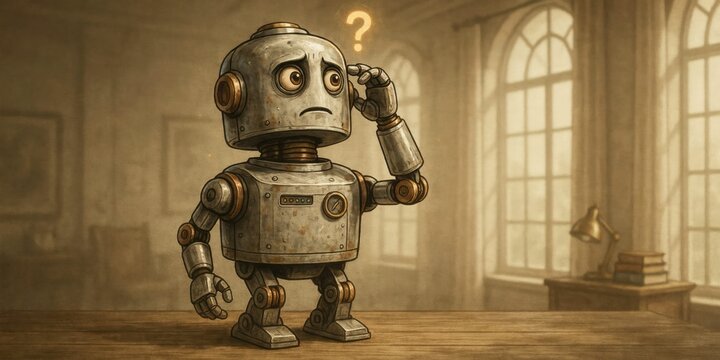 A small, vintage-style metal robot with a sad, confused expression, scratching its head with a glowing question mark floating above it